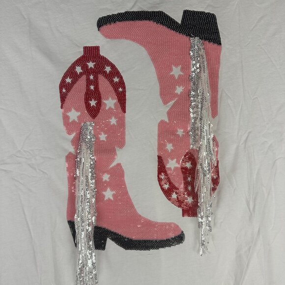 Cowboy Boot Sequin Fringe T-Shirt By Blue b. Collection - Size L - Picture 2 of 7